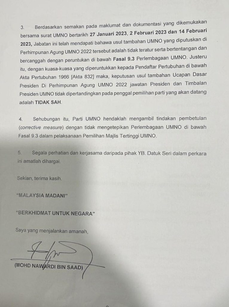 Surat Rasmi ROS : Usul PAU UMNO 2022 Bertentangan Dan Bercanggah Dengan ...